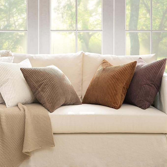 MIULEE Boho Farmhouse Throw Pillow Covers 18x18 Inch Set of 4 Rustic Mordern Neutral Cushion Covers Soft Corduroy Nordic Home Decor for Couch Bed Sofa Living Room Brown