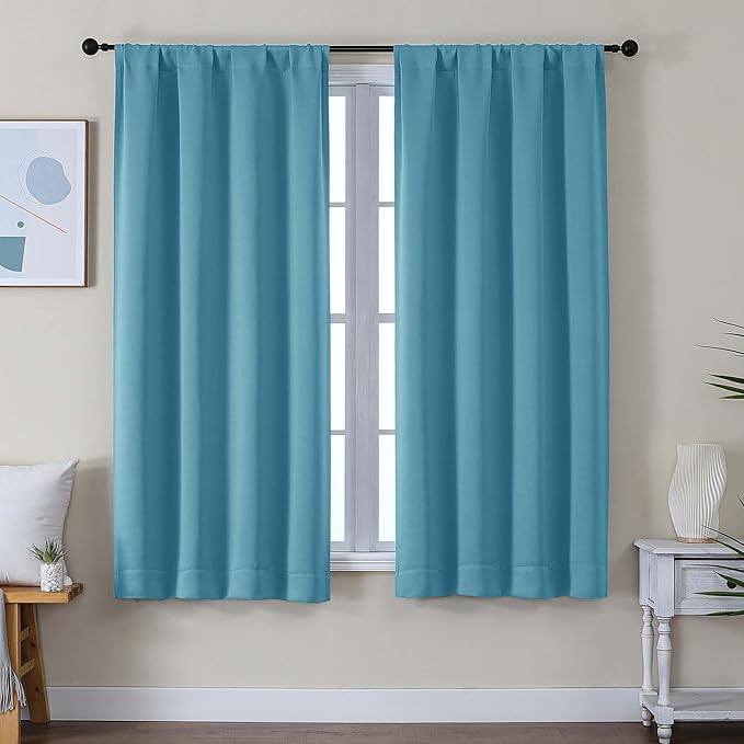 Simplebrand Ava Turquoise Blackout Curtains for Bedroom 63 Inch Length 2 Panels Set, Solid Thermal Insulated Energy Saving Rod Pocket Window Treatment Curtains Blackout Drapes, W40 x L63 Inch, Tur