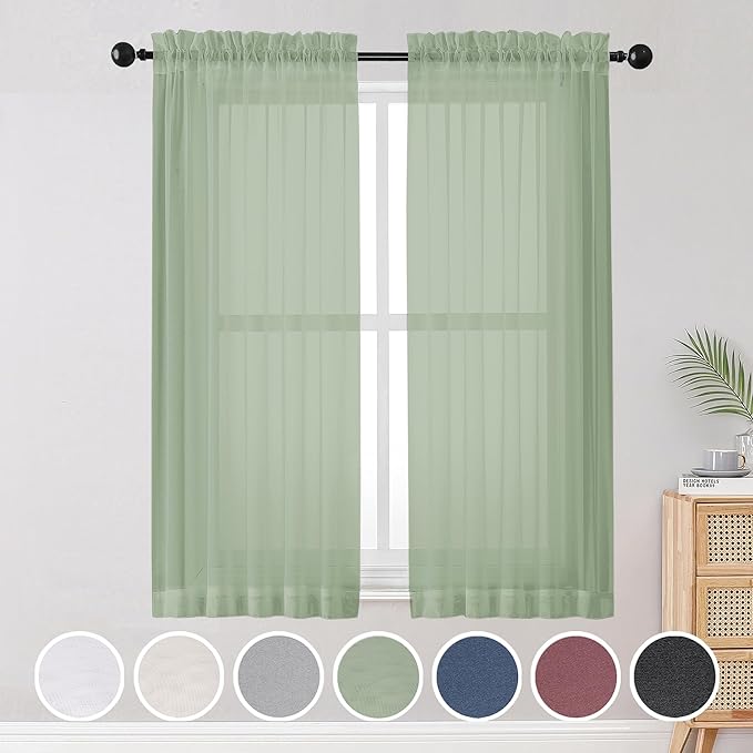 OWENIE Sheer Curtains Living Room 54 inches Long, Rod Pocket Curtain Sheers Bedroom, Light Filtering Voile Panels Drapes Basement Small Window Treatments 2 Panels, 42" W x 54" L, Sage Green