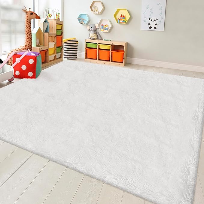 White Rug for Living Room 8x10ft Fluffy Area Rug Mat Bedside Throw Rug for Bedroom Kids Room Boys Teens Nursery Baby Dorm Office Home Decor Aesthetic Carpets