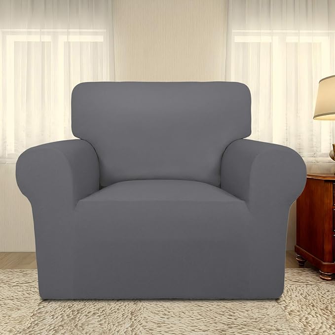 PureFit Super Stretch Chair Sofa Slipcover – Spandex Non Slip Soft Couch Sofa Cover, Washable Furniture Protector with Non Skid Foam and Elastic Bottom for Kids, Pets （Chair, Gray ）