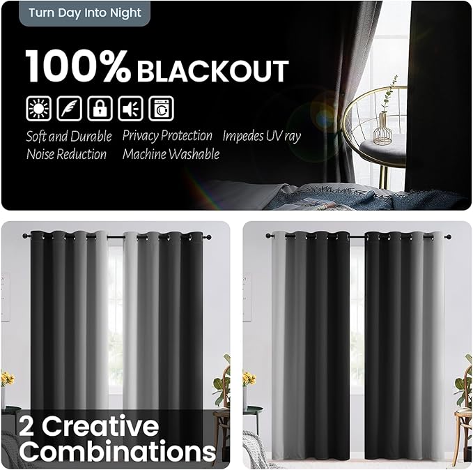 SimpleHome Ombre Room Darkening Curtains for Bedroom, Gradient Black to Grey White Light Blocking Thermal Insulated Grommet Window Curtains/Drapes for Living Room,2 Panels, 52x54 inches Length