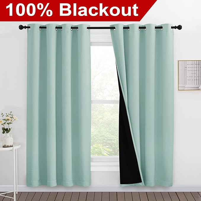 NICETOWN 100% Blackout Window Curtain Panels, Full Light Blocking Drapes with Black Liner for Nursery, 78-inch Drop Thermal Insulated Draperies (Aqua Blue, 2 Pieces, 55-inch Wide Per Panel)