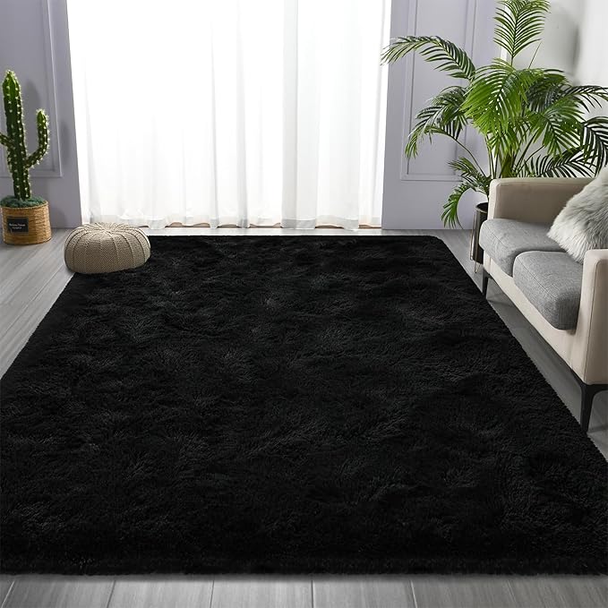 Deerhoo Large Shag Area Rugs 8 x 10, Tie-Dyed Plush Fuzzy Rugs for Living Room, Ultra Soft Fluffy Furry Rug for Bedroom, Indoor Carpet Nursery Rugs for Kids Room Home Decor, Black