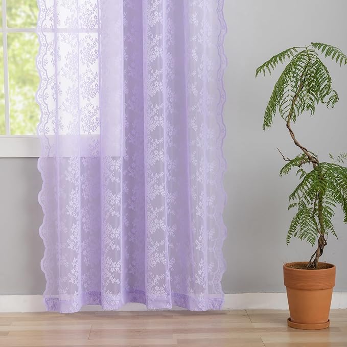 YJ YANJUN Vintage Lace Curtains 84 Inches Long-Victorian Floral Pattern Lavender Sheer Curtain Panels for Living Room Bedroom,Light Filtering, Romantic Girly Drapes 2 Panels 52W x 84L Light Purpel