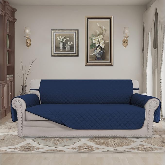 Easy-Going 4 Seater Sofa Slipcover Reversible Sofa Cover Water Resistant Couch Cover with Foam Sticks Elastic Straps Furniture Protector for Pets Children Dog Cat (XX-Large, Navy/Navy)