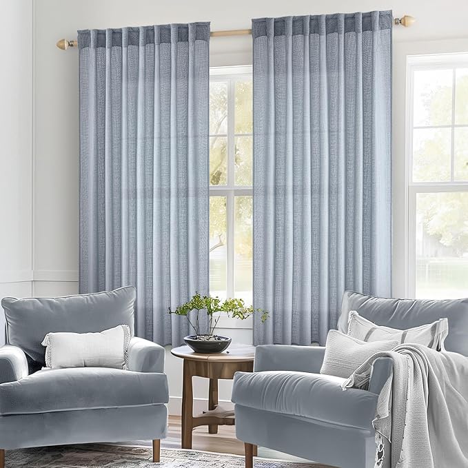 MIULEE Chambray Blue Linen Curtains 54 Inch Length 2 Panels for Bedroom Living Room, Soft Linen Textured Window Drapes Semi Sheer Light Filtering Back Tab Rod Pocket Farmhouse Modern Burlap Look Decor