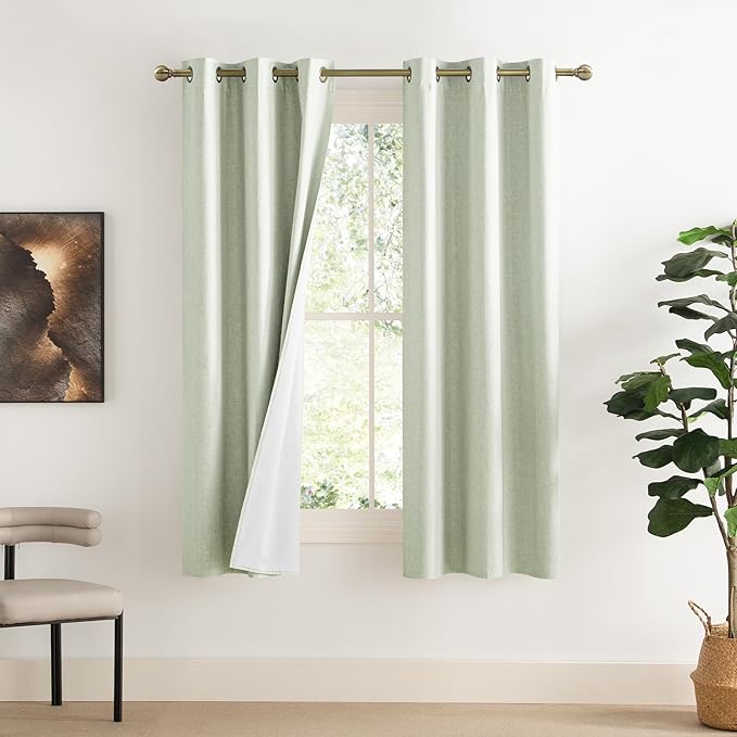 NICETOWN Sage Green 100% Blackout Linen Texture Curtains 72 inches Long 2 Panels for Boy's Room, Thermal Insulated Full Blackout 2-Layer Lined Drapes, Energy Efficiency Window Draperies