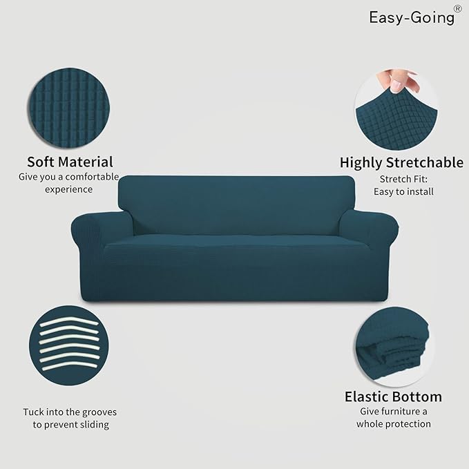 Easy-Going Stretch 4 Seater Sofa Slipcover 1-Piece Sofa Cover Furniture Protector Couch Soft with Elastic Bottom for Kids, Polyester Spandex Jacquard Fabric Small Checks Deep Teal