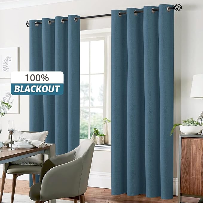 Yakamok Dusty Blue Linen Curtains 100% Blackout 90 Inches Long,Room Darkening Textured Curtains for Living Room Thermal Grommet Bedroom Curtain 2 Panels with White Liner