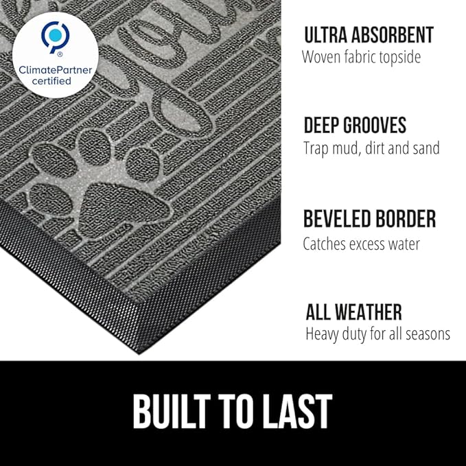 GORILLA GRIP 100% Waterproof All-Season WeatherMAX Doormat 35x23, US Designed Natural Rubber, Stain and Fade Resistant, Low Profile Indoor Outdoor Door Mats, Easy Clean Patio Mat, Stone Paws
