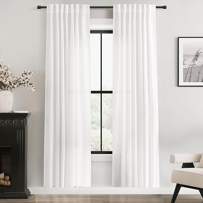 White Linen Curtains 72 inch Long 2 Panel Set for Living Room Back Tab Semi Sheer Light Filtering Bedroom Window Curtain 72 inch Length Cotton Textured Modern Elegant Coastal Drapes 42x72