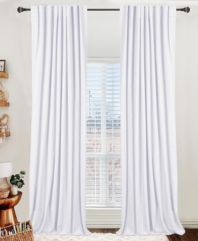 100% Blackout Shield Linen Blackout Curtains for Bedroom 102 Inches Long, Back Tab/Rod Pocket Living Room Drapes, Thermal Insulated Blackout Curtains 2 Panels Set, 50" W x 102" L, Bright White
