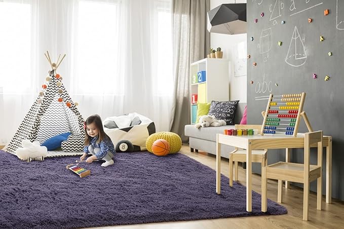 TWINNIS Super Soft Shaggy Rugs Fluffy Carpets 8x10 Feet, Indoor Modern Plush Area Rugs for Living Room Bedroom Kid Room Nursery Home Decor, Upgrade Anti-Skid Rectangular Fuzzy Rug, Grey Purple