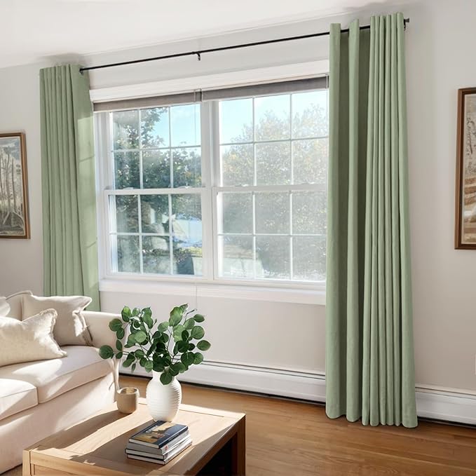100% Blackout Shield Linen Blackout Curtains for Bedroom, Sage Green Grommet Curtains for Living Room, Thermal Insulated Room Darkening Drapes for Nursery, Boho Home Decor, 50" W x 84" L, 2 Panels