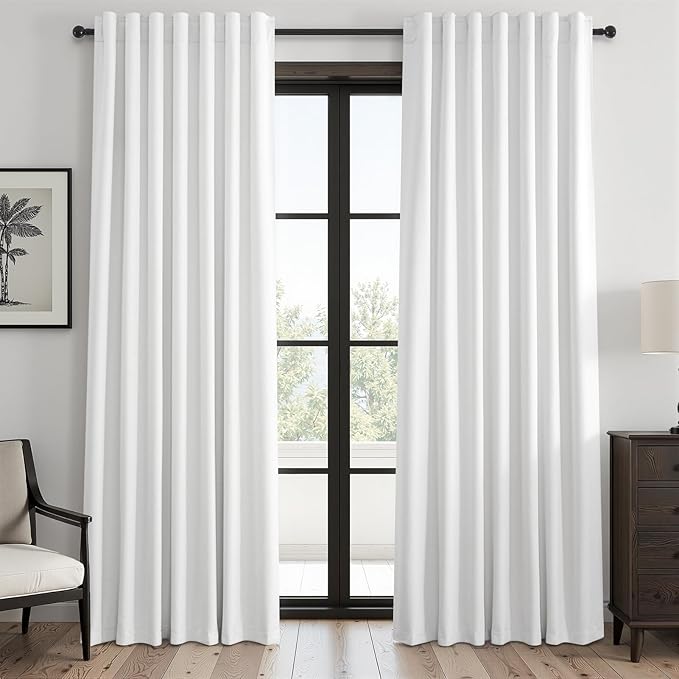 Beige White Linen blackout curtains 84 inch long 2 Panels 100% Black out Linen texture Curtain ivory Window Drapes with Back Tab Rod Pocket Sun Blocking Noise Insulated Curtain for Bedroom Living Room