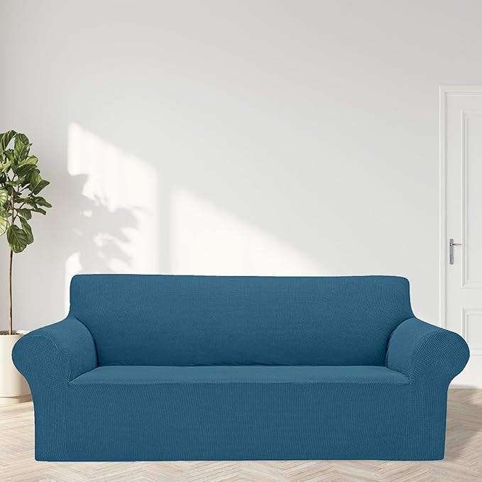 Cupuamon 2026 New Stretch Oversized Sofa Slipcovers Couch Sofa Cover for 4 Seater Furniture Protector Covers with Elastic Bottom Jacquard Fabric Small Checks for Pets, Kids - Peacock Blue