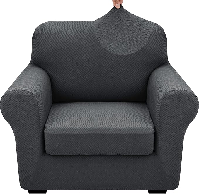 XINEAGE 2026 New 2 Pieces Chair Covers with Arms Super Stretch Chair Slipcover for Living Room Pet Dog Universal Slip Cover Anti Slip Armchair Furniture Protector (Dark Gray), 31"-46"(1 Cushion)