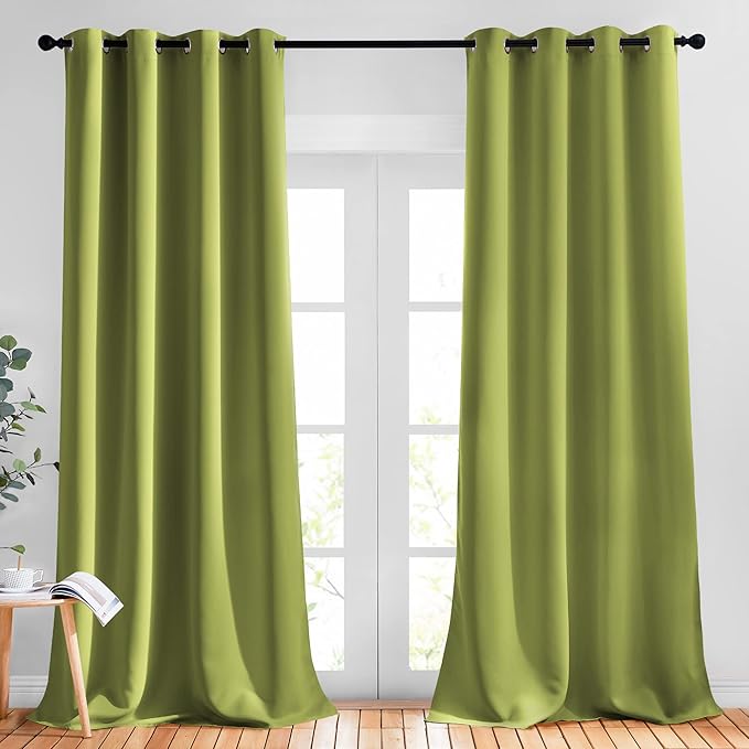 NICETOWN Bedroom Sunlight Block Curtains - Triple Weave Microfiber Grommet Top Thermal Insulated Solid Light Blinds Panels/Drapes for Kid's Room (Fresh Green, 1 Pair, 52 inches by 95 Inch)