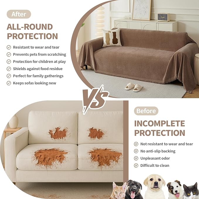 Couch Cover for Dogs, Boho Sofa Covers for 3 Cushion Couch, Chenille Sofa Slipcover for Pets Washable, L-Shape Sectional Couch Loveseat Cover Soft Throw Blankets with Tassels(91x134,Coffee)