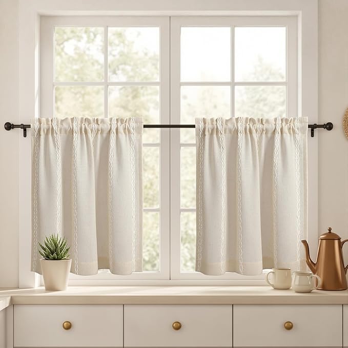 Boho Kitchen Cafe Curtain 24 Inch Length, 36 Inch Width, Single Panel Beige Linen Blend Embroidered Tier Curtain, Light Filtering for Small Window