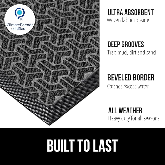 GORILLA GRIP 100% Waterproof All-Season WeatherMAX Doormat, 72x24, US Designed Natural Rubber, Stain and Fade Resistant, Low Profile Indoor Outdoor Door Mats, Easy Clean Patio Mat, Slate Geometric