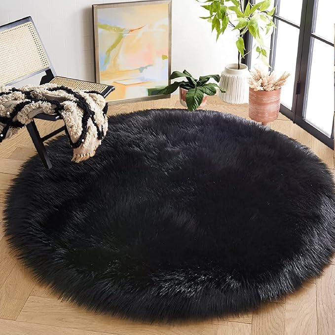 ORINOVA Black Round Rugs 6ft Fluffy Washable Faux Sheepskin Shaggy Fur Rugs for Bedroom Plush Shag Rug for Living Room Nursery Large Circle Rug