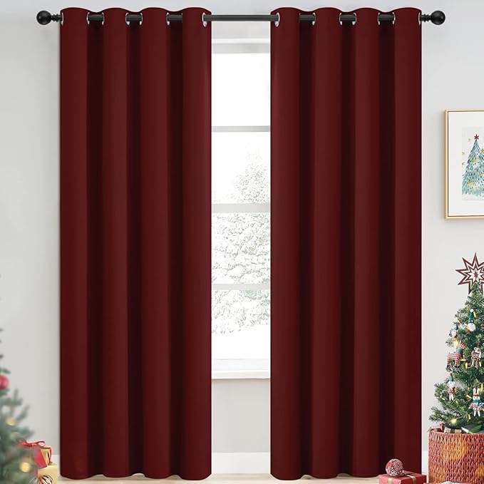 Yakamok Blackout Curtains for Bedroom, Thermal Insulated Blackout Window Curtains with Grommet Top for Living Room- Burgundy Red- 52W x 84L -2 Panels