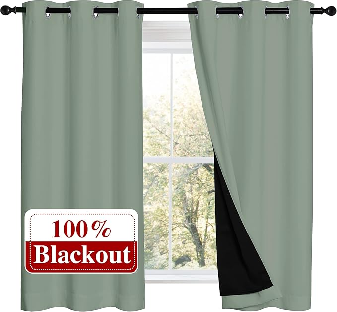NICETOWN 100% Blackout Curtains 54 inches Long, Double-Deck Completely Blackout Window Treatment Thermal Insulated Lined Drapes for Small Window (Greyish Green, 1 Pair, 42 inches Width Each Panel)