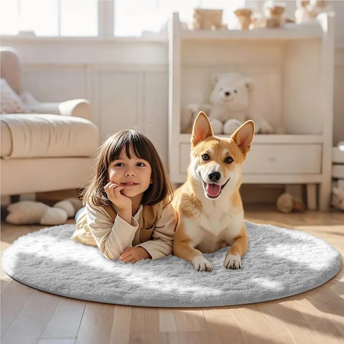 Ophanie White Round Rug 4Ft Circle Area Rug, Aesthetic Room Decor, Fluffy Fuzzy Bedroom Carpet, Plush Soft Shaggy Living Room Rugs for Kids Home Decor, Nursery