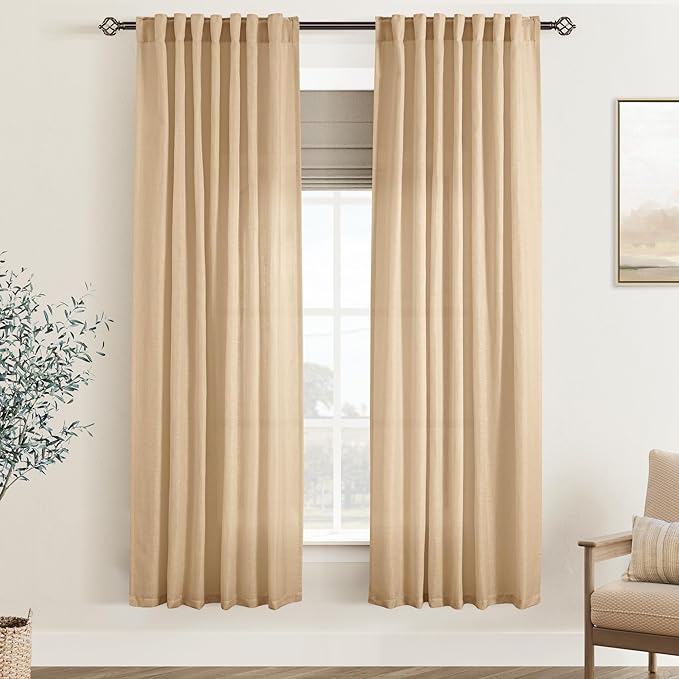 Tan Linen Curtains 72 inches Long for Living Room Back Tab Rustic Farmhouse Semi Sheer Light Filtering Window Curtain Dining Room Soft Thick Flax Linen Textured Drapes Kahki 52x72