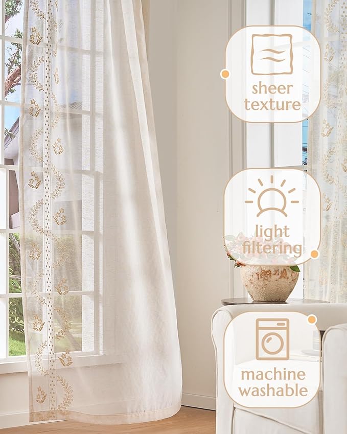 jinchan Belrose Linen Sheer Curtains for Living Room 84 Inch Length Sheer Voile Embroidered Floral Curtains for Bedroom Light Filtering Rod Pocket Window Treatments Farmhouse Decor 2 Panels Beige