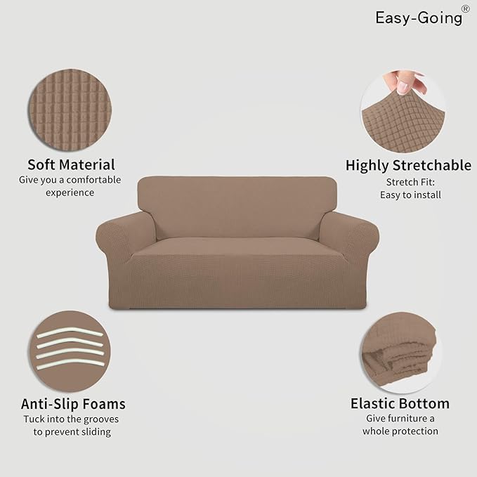 Easy-Going Stretch Loveseat Slipcover 1-Piece Sofa Cover Furniture Protector Couch Soft with Elastic Bottom for Kids Polyester Spandex Jacquard Fabric Small Checks (Loveseat, Camel)