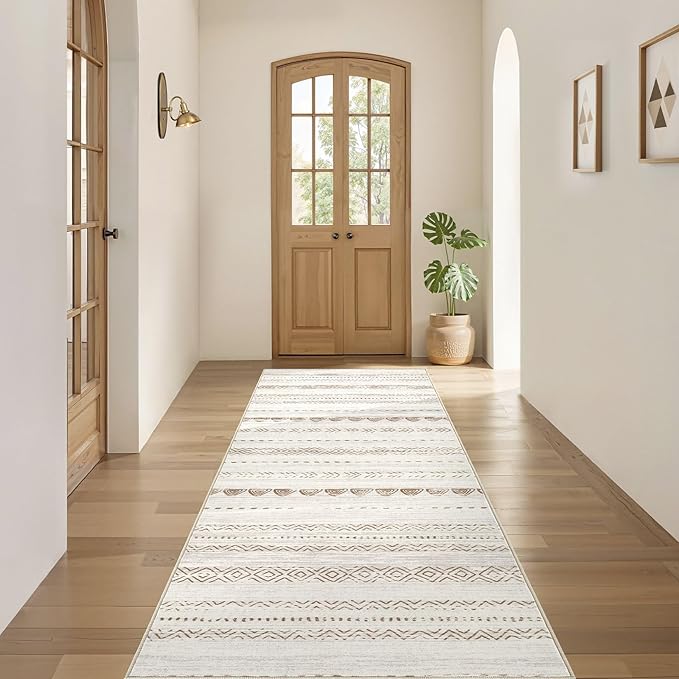 Nakagishi Runner Rug Kitchen Washable Rugs: 2x6 Non-Slip Boho Soft Modern Stain Resistant Indoor Floor Neutral Farmhouse Throw Carpet for Hallway Bathroom Laundry Room Entryway Bedroom- Beige
