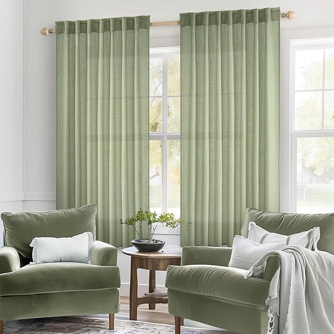 MIULEE Sage Green Linen Curtains 63 Inch Length 2 Panels for Bedroom Living Room, Soft Thick Linen Textured Kitchen Window Drapes Semi Sheer Light Filtering Back Tab Rod Pocket Burlap Look Decor