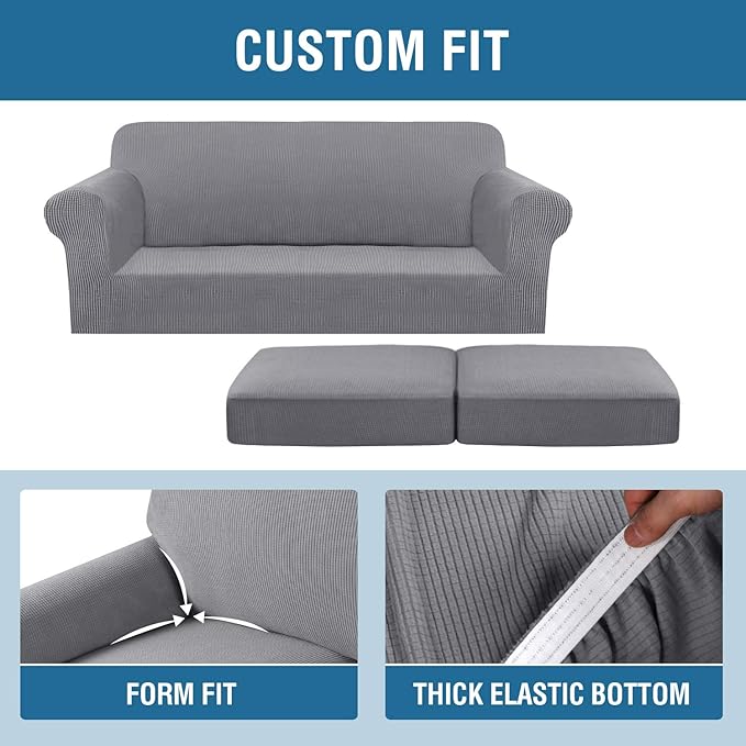 H.VERSAILTEX 3 Piece Stretch Sofa Covers for 2 Cushion Sofa Couch Covers for Living Room Furniture Cover (Base Cover Plus 2 Seat Cushion Covers) Thicker Jacquard Fabric(Large Sofa, Dove)