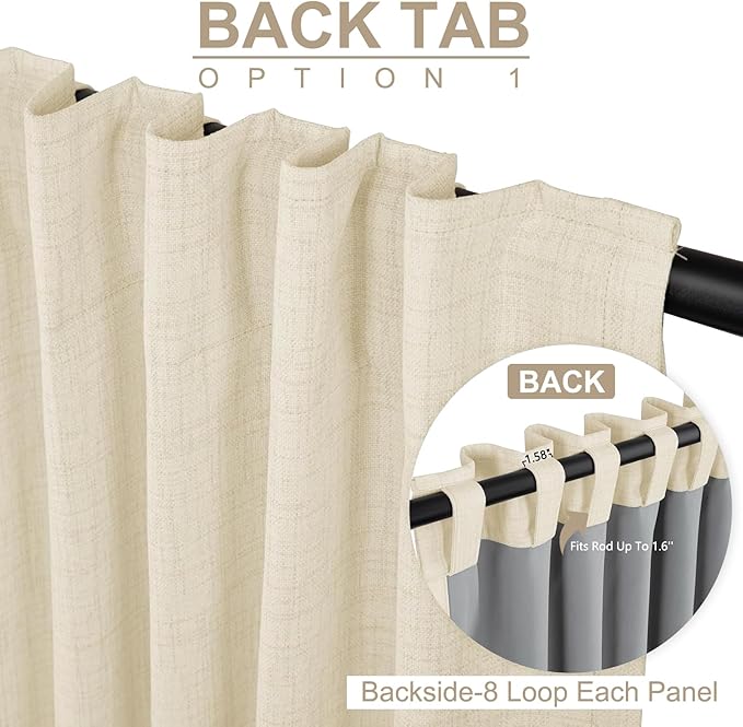 100% Blackout Shield Linen Blackout Curtains for Bedroom 84 Inches Long, Back Tab/Rod Pocket Living Room Drapes, Thermal Insulated Blackout Curtains 2 Panels Set, 50" W x 84" L, Light Cream