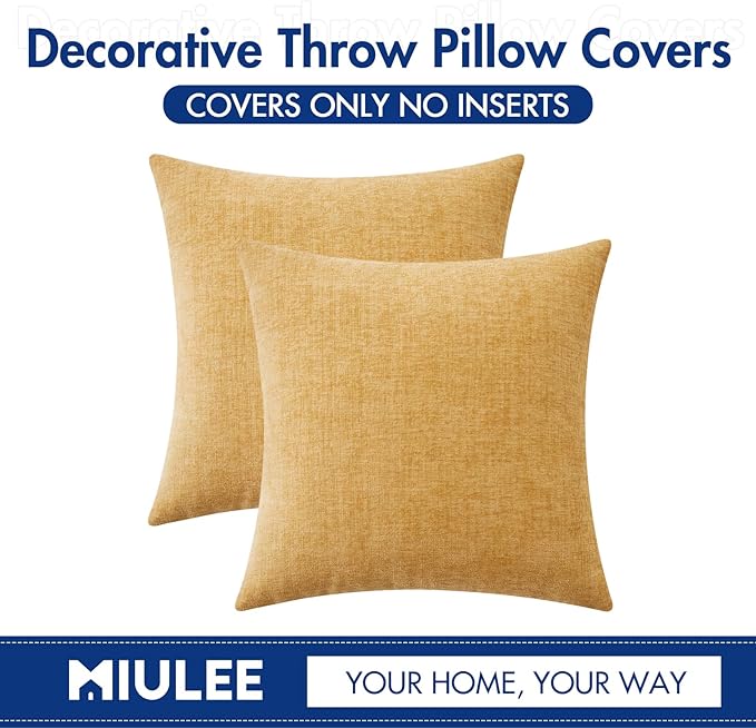 MIULEE Pack of 2 Couch Throw Pillow Covers 16x16 Inch Soft Gold Chenille Pillow Covers for Sofa Living Room Spring Home Decor Couch Solid Dyed Cases