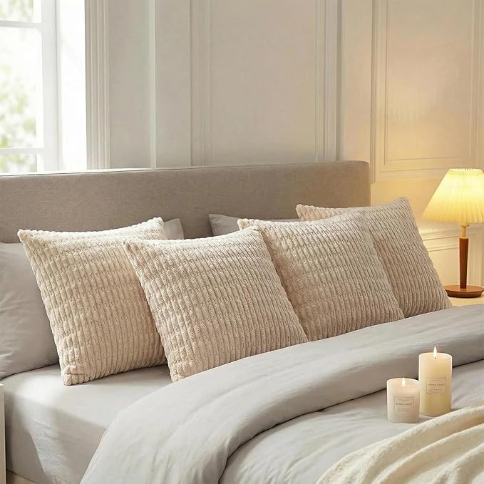 Fancy Homi 4 Packs Tan Decorative Throw Pillow Covers 26x26 Inch for Living Room Couch Bed Sofa, Beige Rustic Farmhouse Boho Home Decor, Soft Plush Striped Corduroy Square Cushion Case 66x66 cm