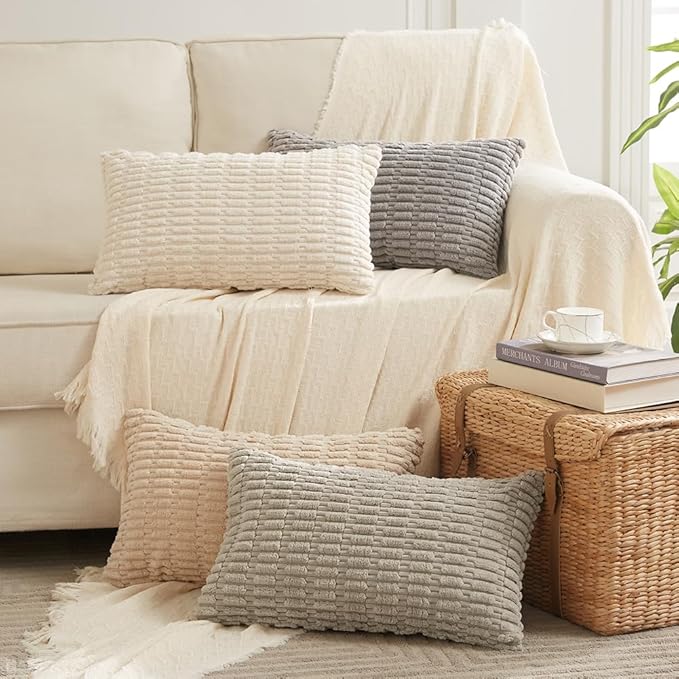 Fancy Homi 4 Packs Neutral Long Lumbar Decorative Throw Pillow Covers 12x24 Inch for Living Room Couch Bed, Boho Home Decor, Soft Striped Corduroy Rectangle Accent Beige Cushion Case 30x60 cm