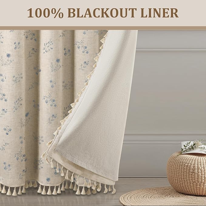 Boho Floral Spring 100% Blackout Curtains 84 Inch Length 2 Panels Set, Linen Texture Farmhouse Curtains with Beige Tassel for Living Room Bedroom, Vintage Rustic Rod Pocket,Light Blue