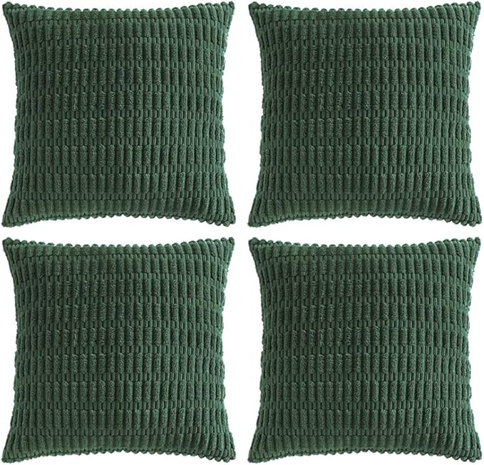 Fancy Homi Set of 4 Dark Green Boho Decorative Throw Pillow Covers 18x18 Inch for Couch Bed Sofa, Aesthetic Modern Bohemian Room Decor, Soft Fuzzy Fluffy Cozy Corduroy Textured Cushion Case 45x45cm