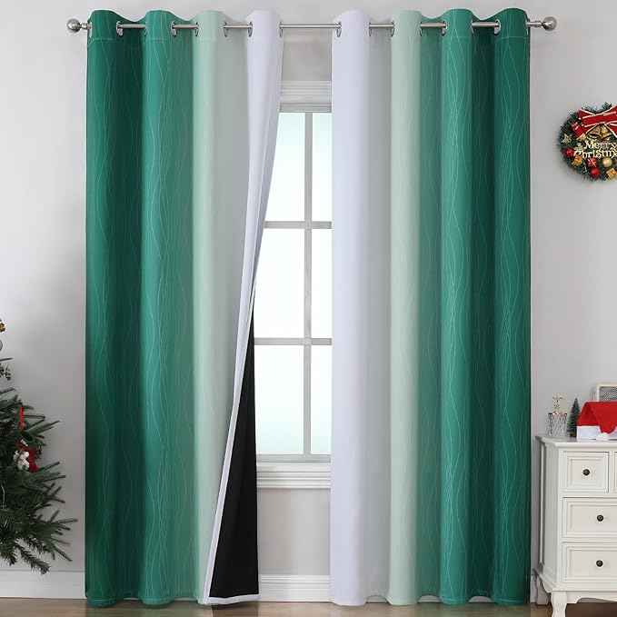 Estelar Textiler Green and Greyish White Gradient Blackout Curtains for Bedroom, Thermal Insulated Ombre Drapes 96 Inches Long, Full Light Blocking Curtains for Living Room, 52Wx96L, 2 Panels