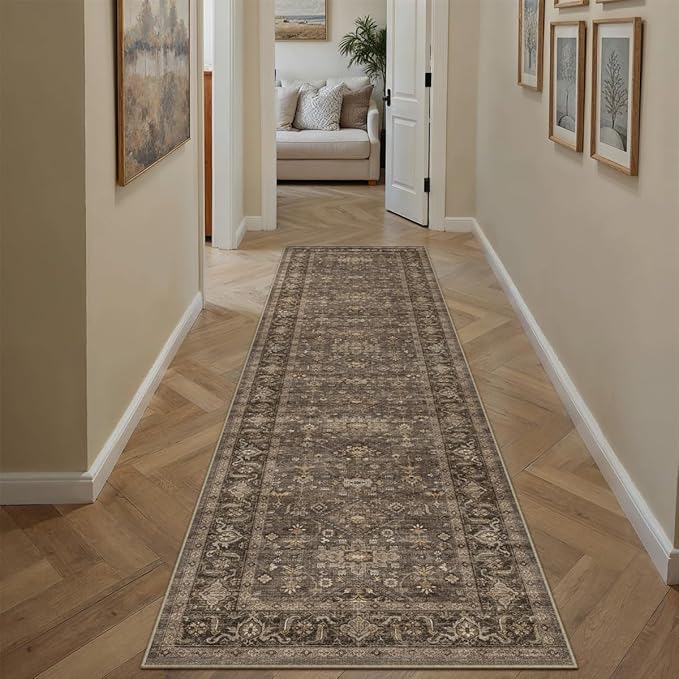 2x7 Washable Runner Rug for Hallway Kitchen Vintage Brown Non Slip Low Pile Carpet Traditional Retro Soft Throw Rug for Bathroom Bedroom Entryway Indoor Entrance