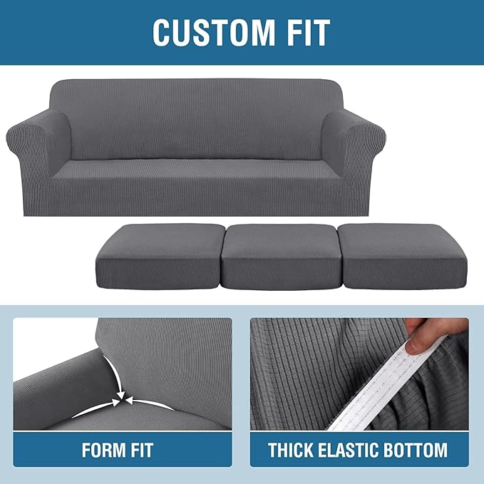H.VERSAILTEX 4 Piece Stretch Sofa Covers for 3 Cushion Couch Covers for Living Room Furniture Slipcovers (Base Cover Plus 3 Seat Cushion Covers) Thicker Jacquard Fabric (Large Sofa, Grey)