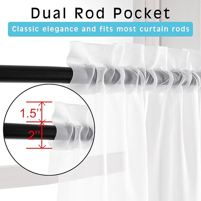 OVZME White Sheer Window Valance Curtains, Light Filtering Kitchen Valances Windows Treatment, Small Voile Sheer Curtains for Living Room/Bathroom/Basement, Top Dual Rod Pocket, 2PCS