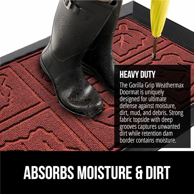 GORILLA GRIP 100% Waterproof All-Season WeatherMAX Doormat 35x23, US Designed Natural Rubber, Stain and Fade Resistant, Low Profile Indoor Outdoor Door Mats, Easy Clean Patio Mat, Burgundy Leaves