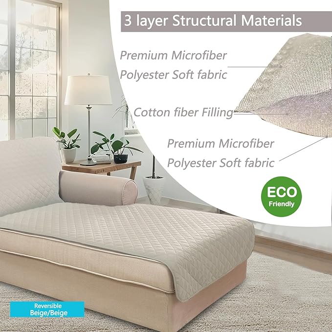 U-NICE HOME Sectional Couch Cover for Dogs Pets Chaise Lounge Reversible Sofa Cover Furniture Protector with Elastic Adjustable Strap, Beige