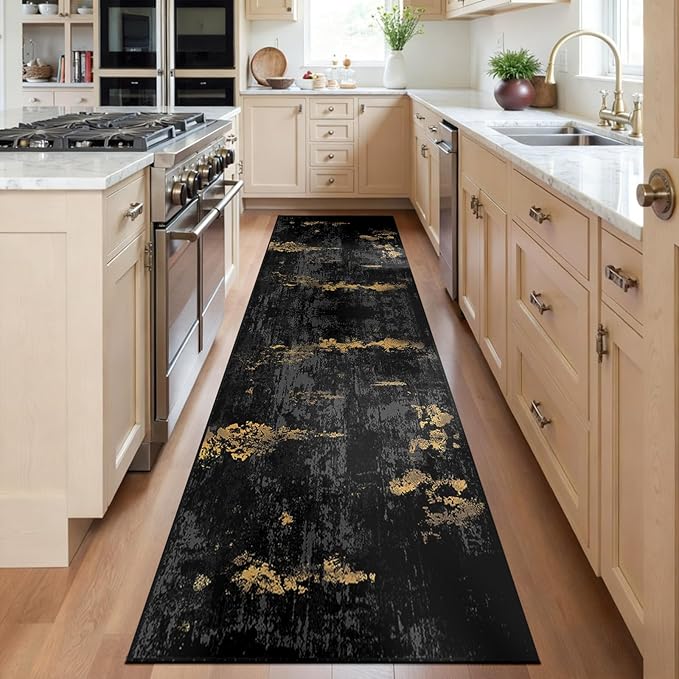 Washable Area Rugs 2'x6' Non-Slip Modern Abstract Soft for Living Room Entryway Bedroom Nursery, Print Pattern, Dark Black Gold
