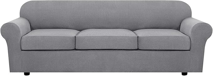 H.VERSAILTEX 4 Piece Stretch Sofa Covers for 3 Cushion Couch Covers for Living Room Furniture Slipcovers (Base Cover Plus 3 Seat Cushion Covers) Thicker Jacquard Fabric (Large Sofa, Dove)